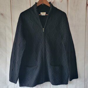 Talbots 100% Black Wool Women’s L Full Zip Cardigan Sweater Woven Diamond